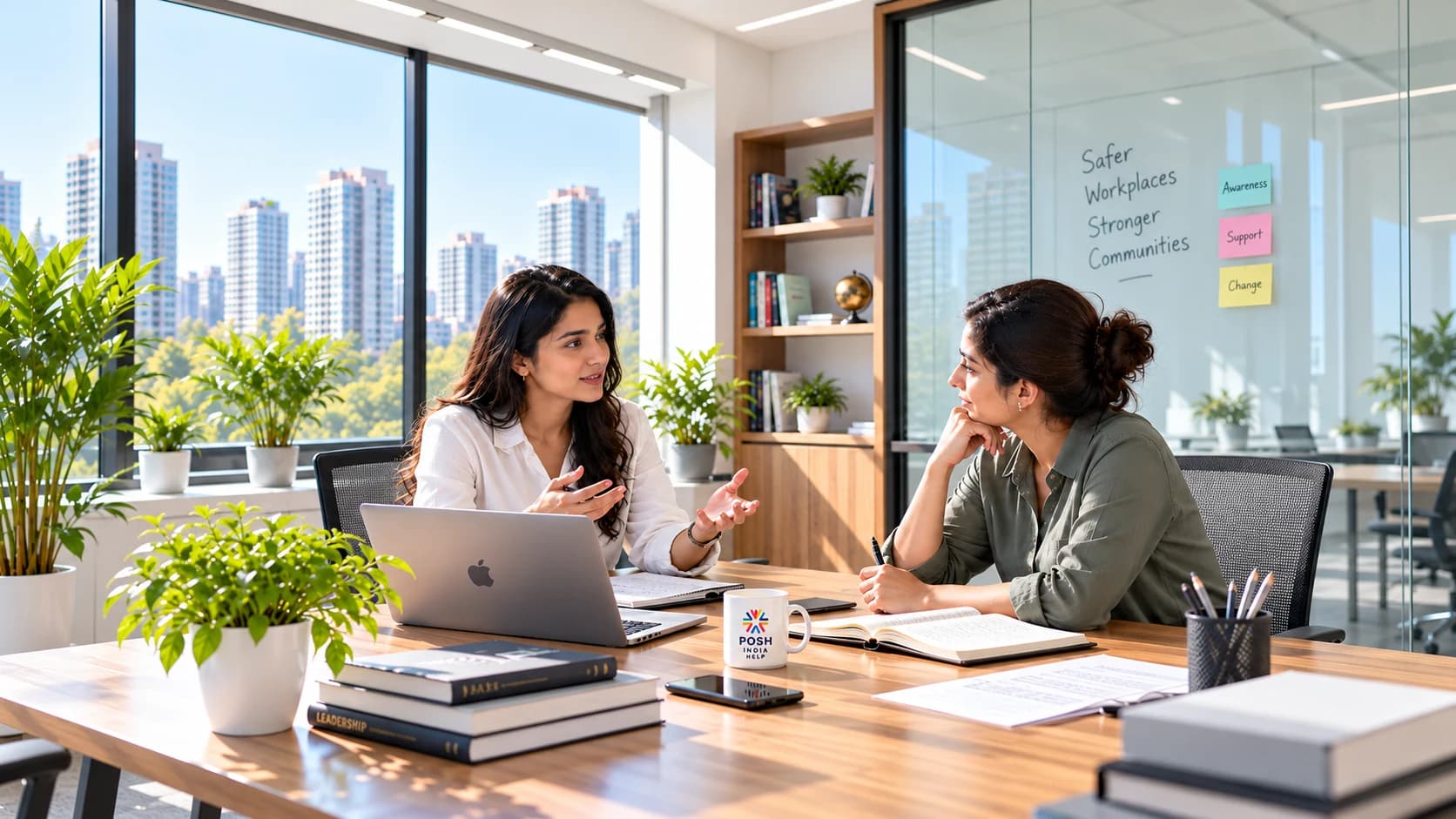 Two colleagues discussing safer workplaces in a bright office