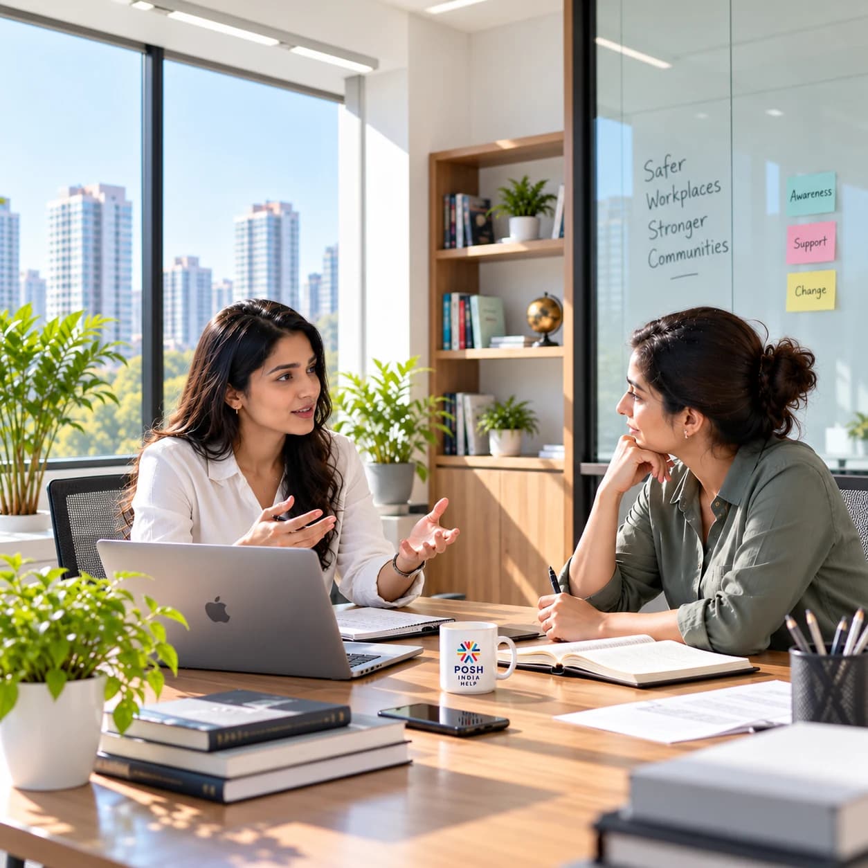 Two colleagues discussing safer workplaces in a bright office